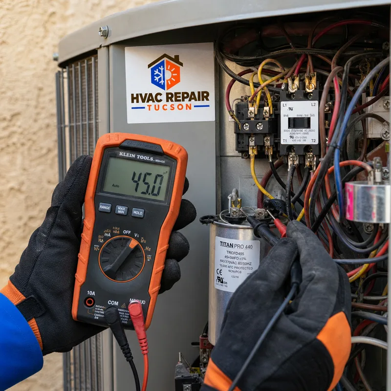 Multimeter testing a run capacitor and contactor inside an AC condenser