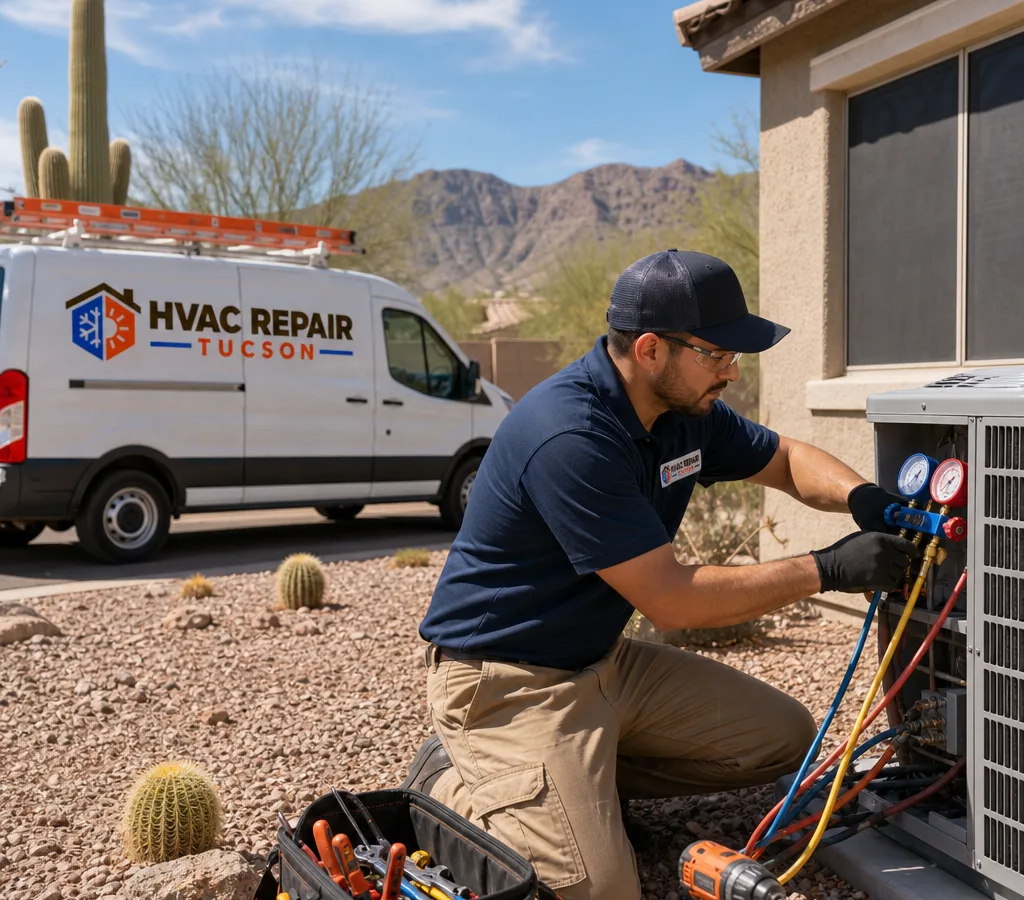 Technician servicing an outdoor AC condenser beside a Tucson home