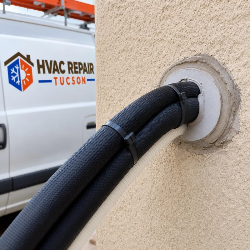 Properly strapped refrigerant line set with UV-resistant insulation and a sealed wall penetration