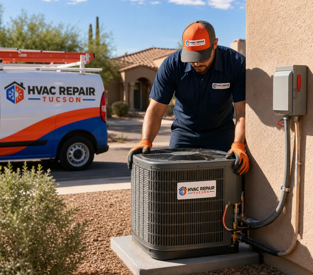 Technician setting a new outdoor condenser on a level pad beside a Tucson home
