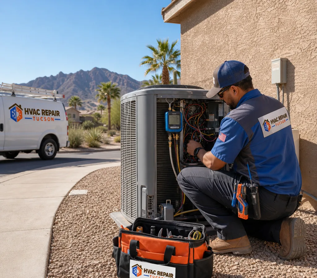 Local HVAC technician servicing an open outdoor condenser beside a Tucson home on a hot day