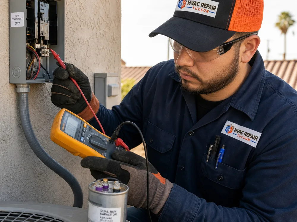 Technician safely checking condenser electrical components and a run capacitor with a multimeter