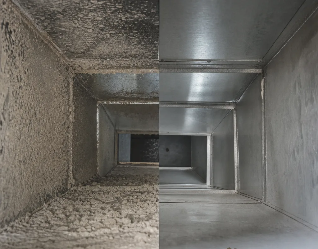 Before-and-after view of dust buildup and cleaned metal inside a return plenum