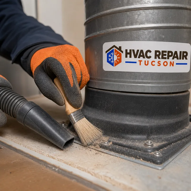 Supply register boot and duct connection being carefully brushed and vacuumed