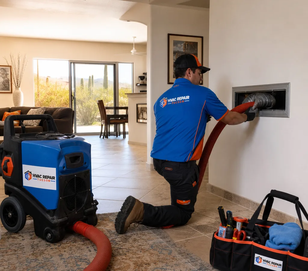 Technician cleaning air ducts at a Tucson home using a negative-air machine connected to the main return