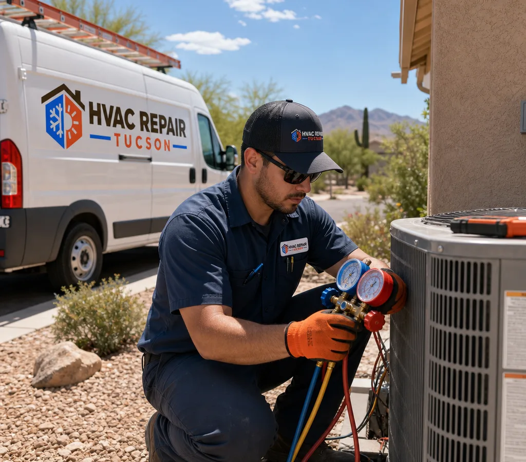 Technician troubleshooting an outdoor condenser at a Tucson home