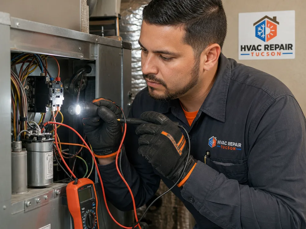 Technician carefully inspecting air handler electrical components
