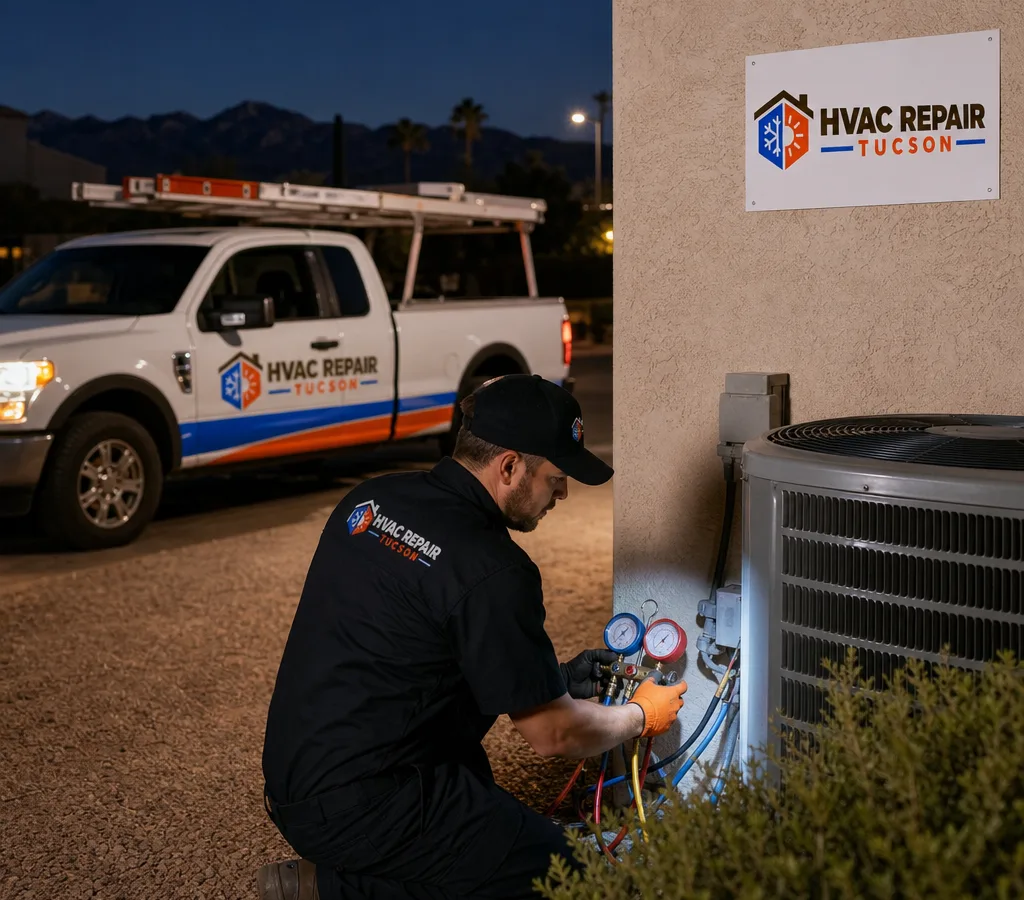 HVAC technician servicing an outdoor condenser at night during an emergency Tucson AC repair call