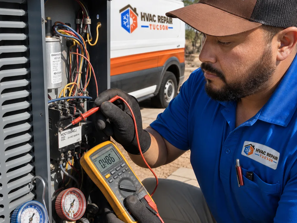 Technician testing an AC contactor and capacitor with a multimeter and gauges during emergency service