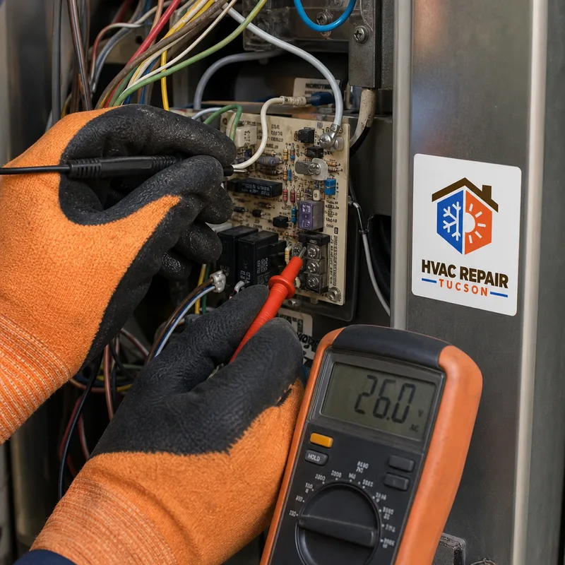 Technician testing a furnace control board, wiring harness, and ignition circuit with a meter