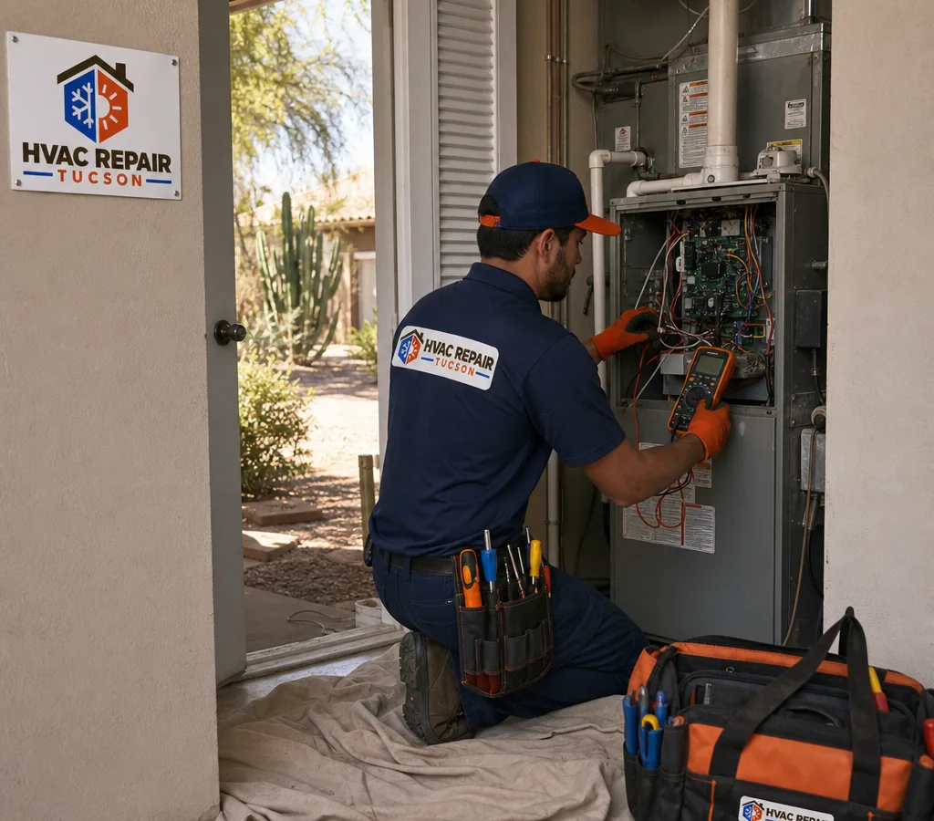 HVAC technician testing a residential furnace control board in a Tucson utility closet