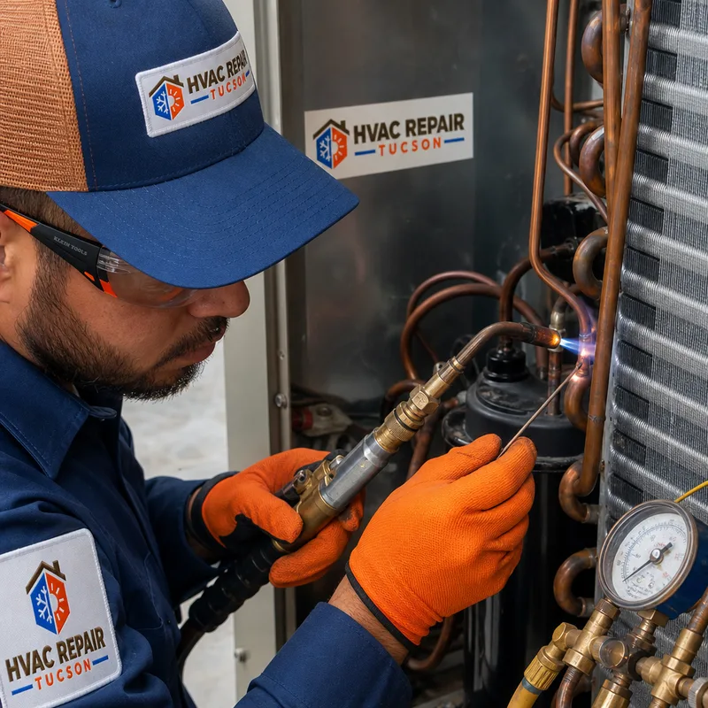 Technician brazing a new copper line set connection at an indoor coil