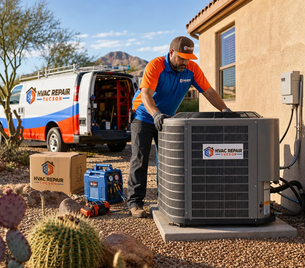 Technician setting a new outdoor condenser beside a Tucson home