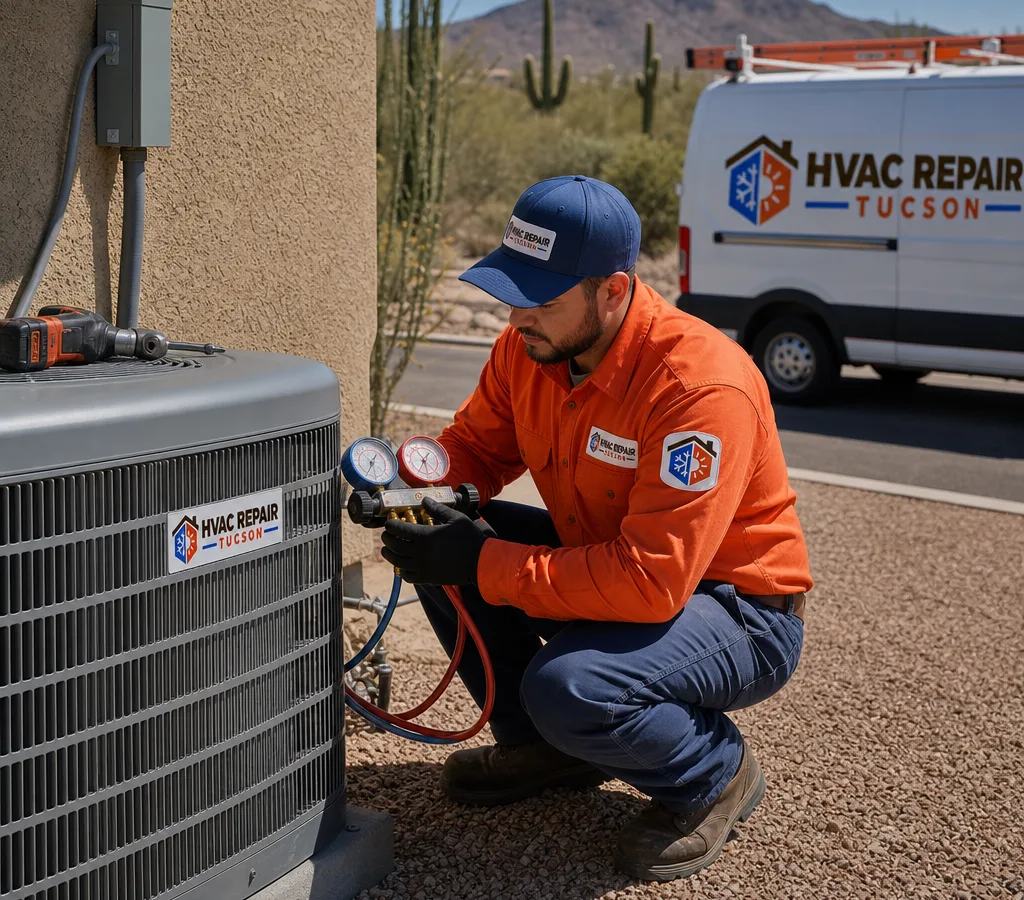 Technician performing air conditioner maintenance on an outdoor condenser at a Tucson home