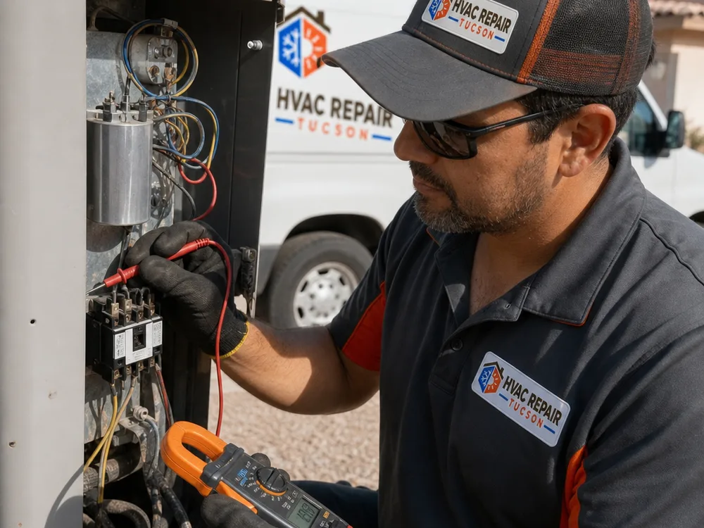 Technician checking capacitor and contactor readings during an AC maintenance visit