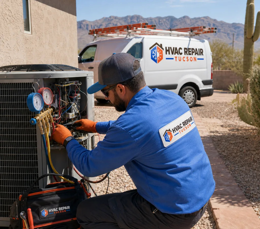 HVAC technician performing an AC tune-up on an outdoor condenser in a Tucson-style yard