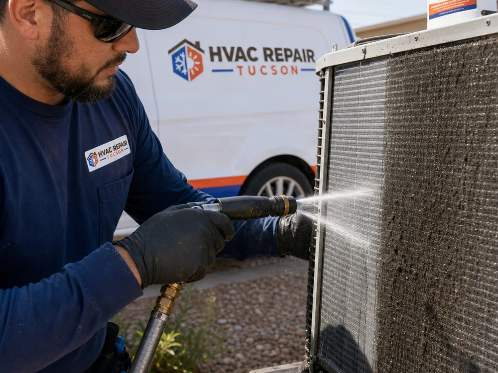 Technician cleaning dirt buildup from an outdoor condenser coil