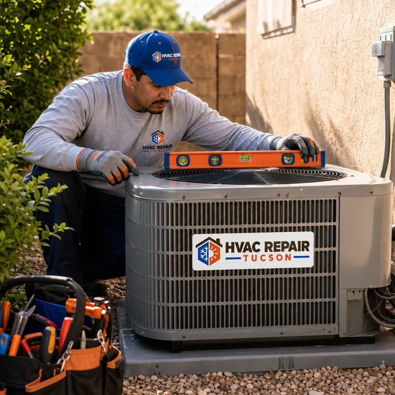 Level outdoor heat pump on a stable pad with clearance from shrubs and walls