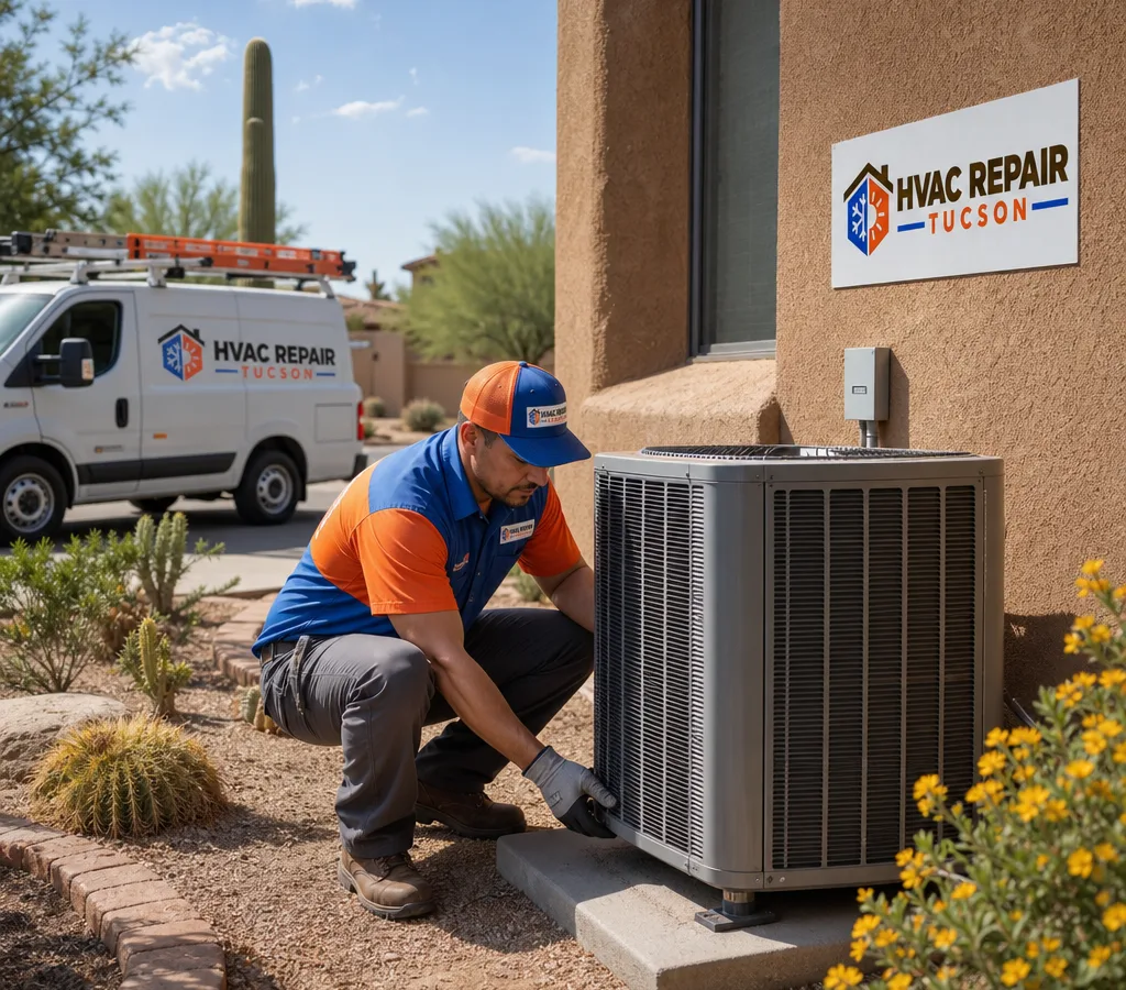 Technician installing and leveling a new outdoor AC condenser beside a Tucson stucco home