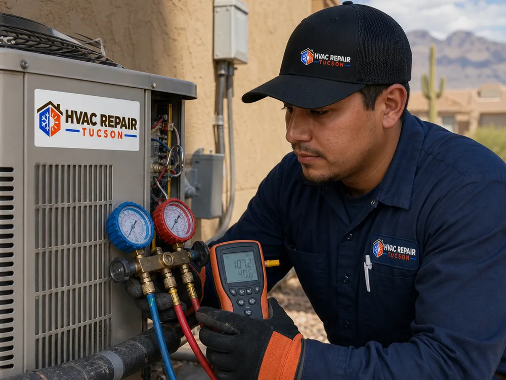 Technician using gauges and a digital thermometer while commissioning a clean outdoor HVAC installation