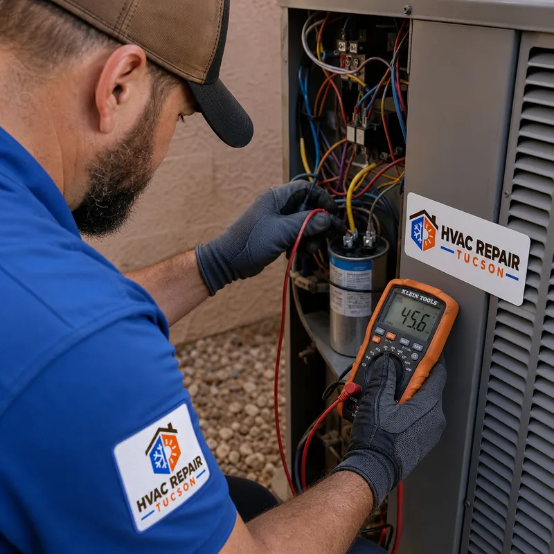 Technician measuring capacitor values and checking electrical connections inside an outdoor condenser