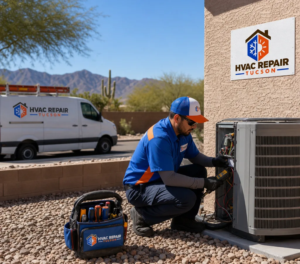 Technician performing preventive maintenance on an outdoor AC condenser at a Tucson home