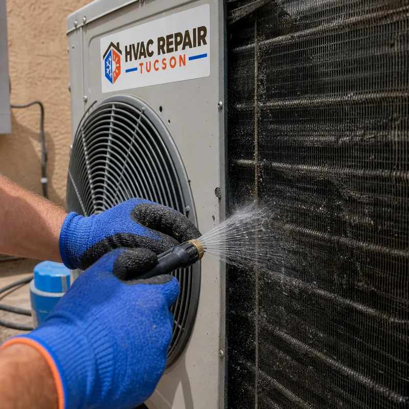 Outdoor heat pump fan and coil being inspected for airflow restriction and damage