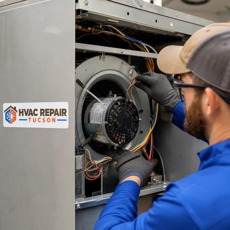 Open indoor air handler showing blower motor, wheel, and electrical connections during inspection
