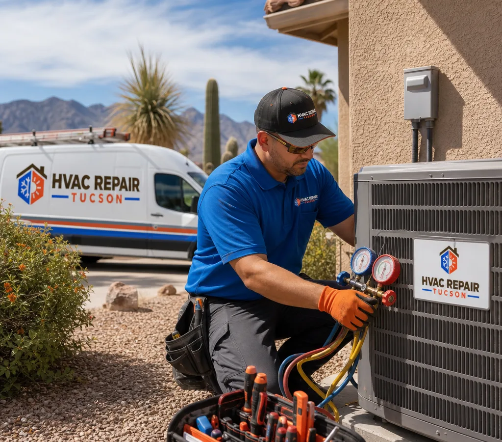 Technician servicing an outdoor heat pump condenser beside a Tucson home