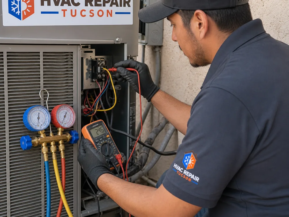 Technician using manifold gauges and a multimeter to diagnose an outdoor heat pump