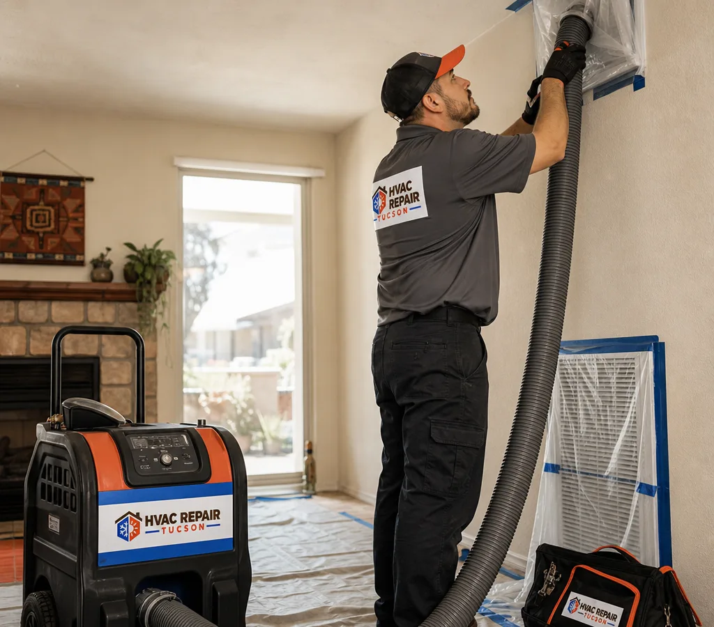 Technician connecting a negative-air duct cleaning machine to a return grille in a Tucson home