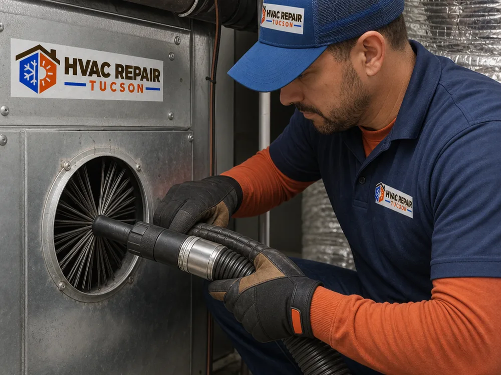 Duct cleaning agitation tool and negative-air hose removing debris from a metal duct