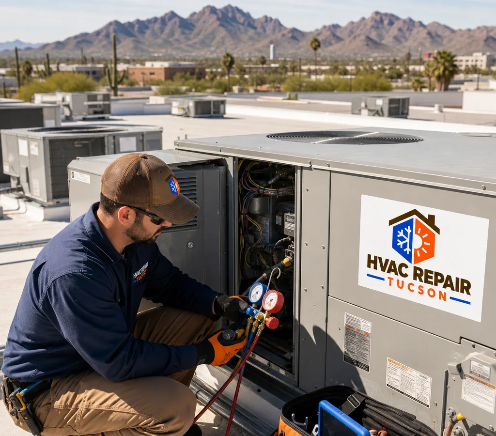 Commercial HVAC technician inspecting rooftop units on a Tucson property