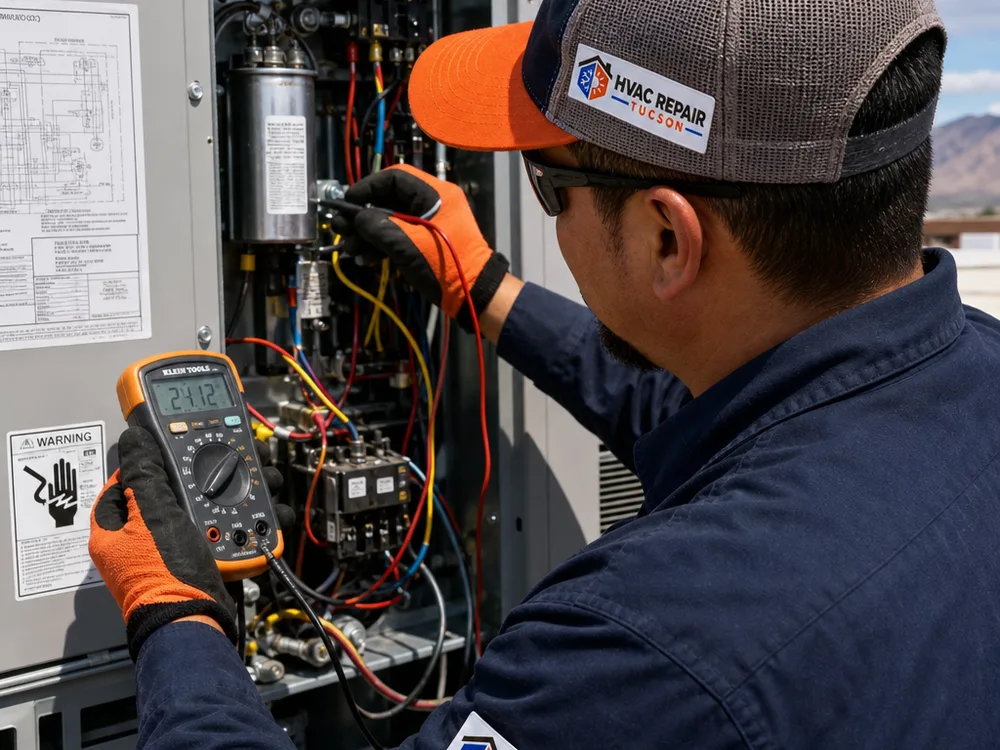 Technician measuring electrical values inside a commercial rooftop HVAC unit