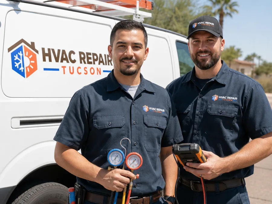 Two HVAC technicians ready for a residential service call in Tucson